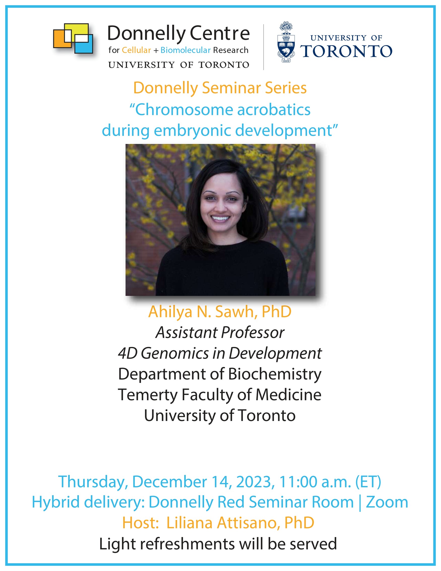 Poster for Donnelly Centre Seminar on "Chromosome acrobatics during embryonic development"