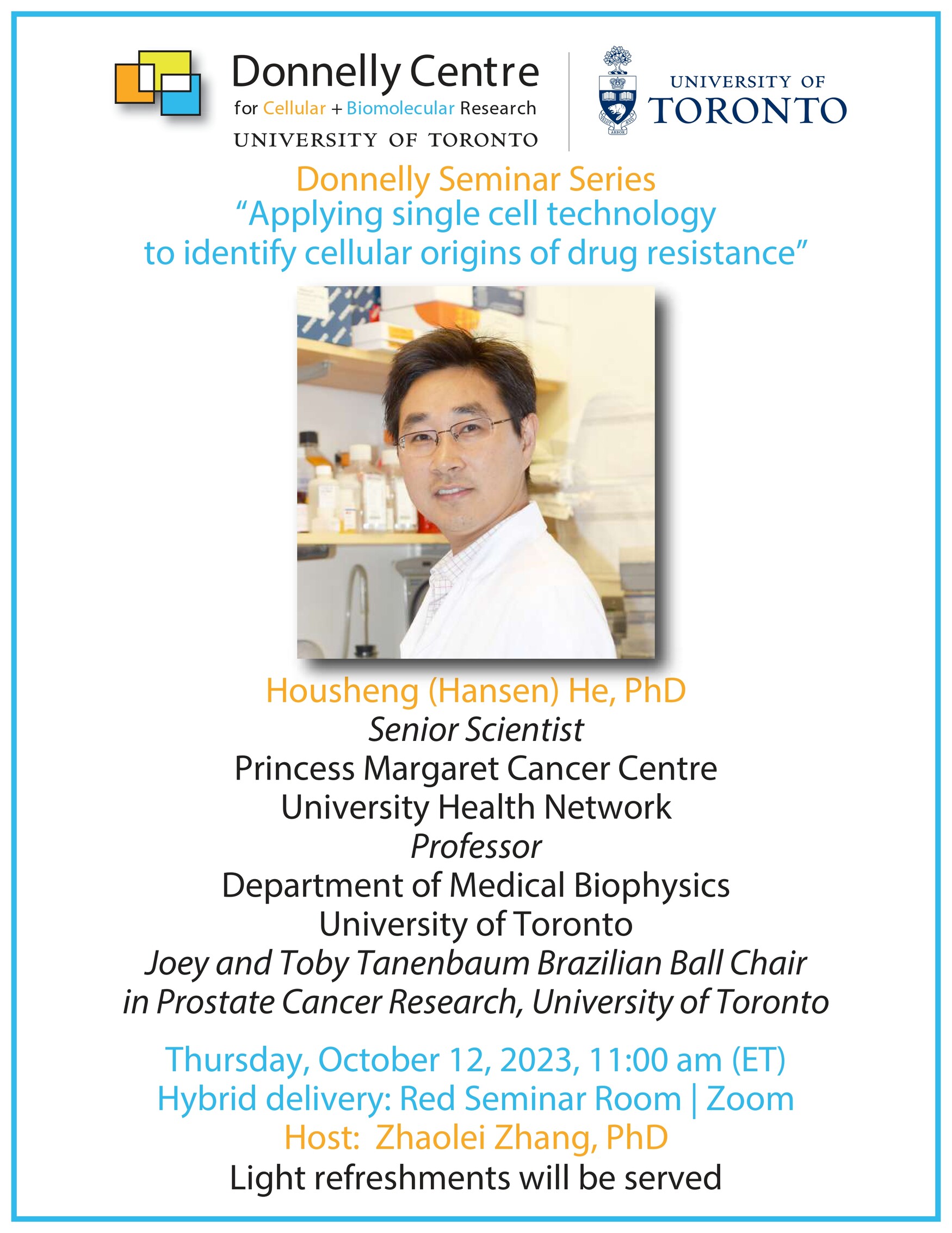 Poster for Donnelly Centre Seminar on "Applying Single-Cell Technology to Identify Cellular Origins of Drug Resistance"