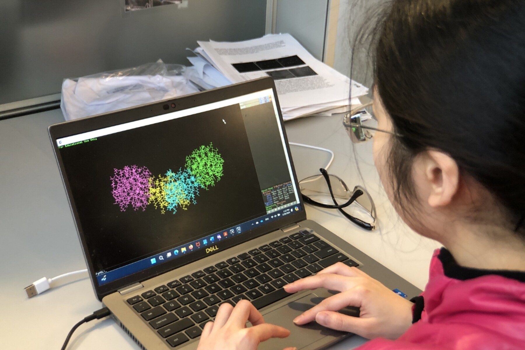 Celestine Hong demonstrating peptide bonding modeling on a laptop