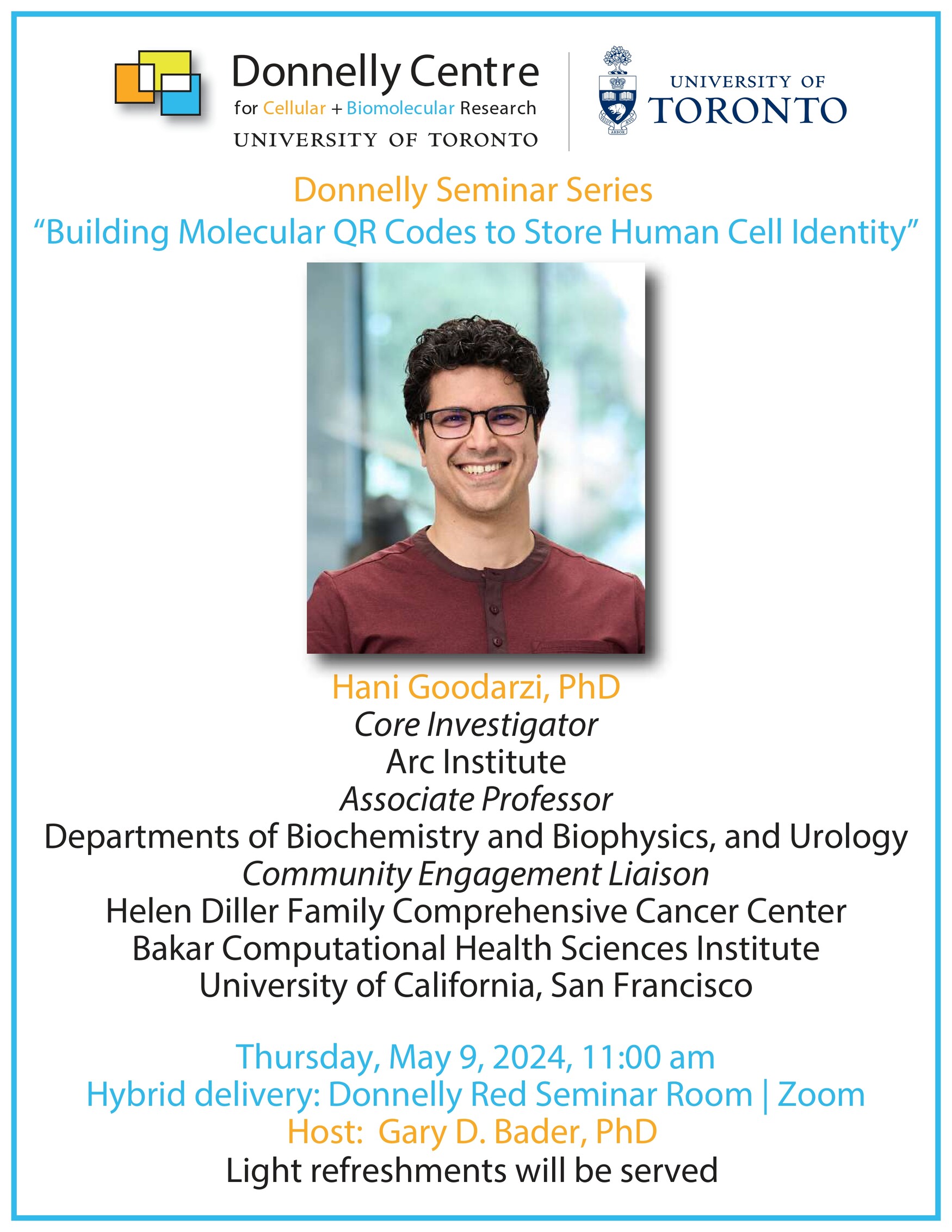 Poster for Donnelly Centre Seminar on "Building molecular QR codes"